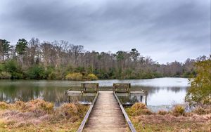 Preview wallpaper river, pier, trees, nature, landscape