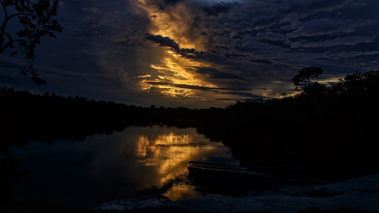 Wallpaper river, pier, trees, evening, dark