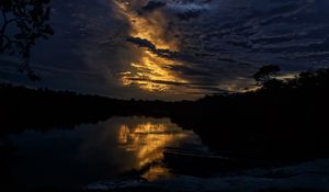 Preview wallpaper river, pier, trees, evening, dark