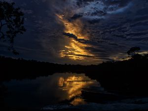 Preview wallpaper river, pier, trees, evening, dark