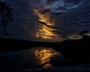 Preview wallpaper river, pier, trees, evening, dark