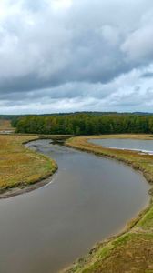 Preview wallpaper river, ponds, field, forest, clouds