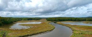 Preview wallpaper river, ponds, field, forest, clouds