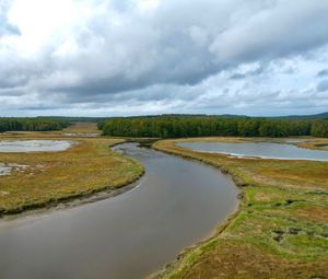 Preview wallpaper river, ponds, field, forest, clouds