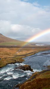 Preview wallpaper river, rainbow, landscape, nature, valley