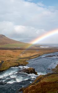 Preview wallpaper river, rainbow, landscape, nature, valley