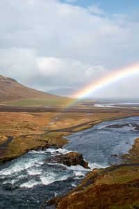 Preview wallpaper river, rainbow, landscape, nature, valley