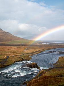 Preview wallpaper river, rainbow, landscape, nature, valley