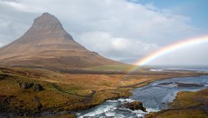 Preview wallpaper river, rainbow, landscape, nature, valley