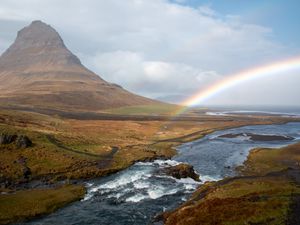 Preview wallpaper river, rainbow, landscape, nature, valley