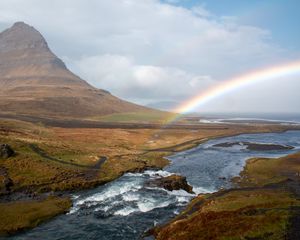 Preview wallpaper river, rainbow, landscape, nature, valley