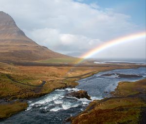 Preview wallpaper river, rainbow, landscape, nature, valley