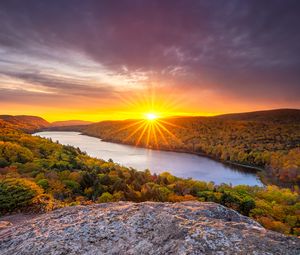 Preview wallpaper river, rays, sun, stones, trees