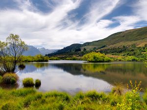 Preview wallpaper river, reflection, hill