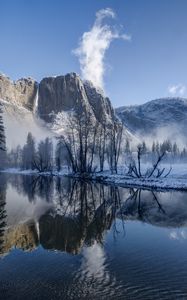 Preview wallpaper river, reflection, trees, mountain, fog