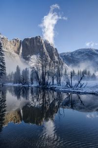 Preview wallpaper river, reflection, trees, mountain, fog