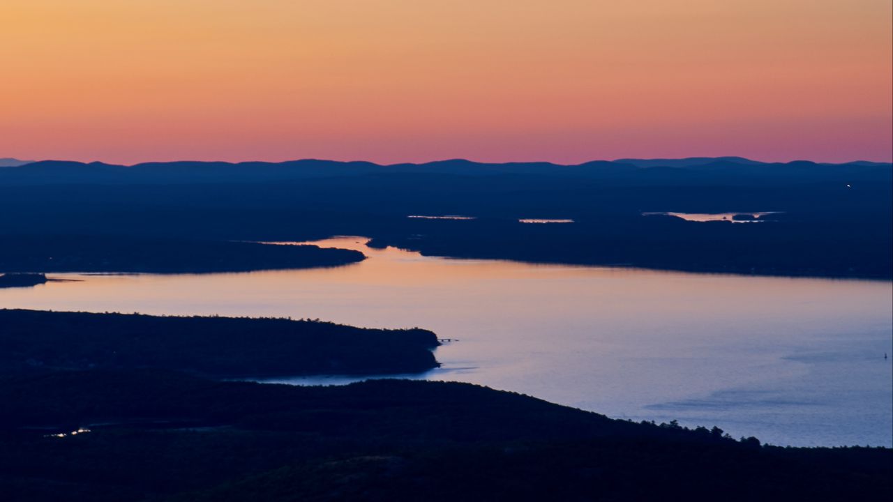 Wallpaper river, relief, aerial view, dusk, sunset