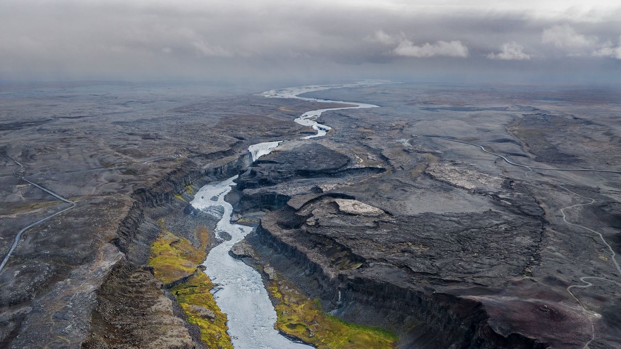 Wallpaper river, rocks, clouds, aerial view, landscape