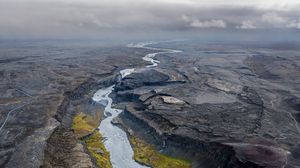 Preview wallpaper river, rocks, clouds, aerial view, landscape