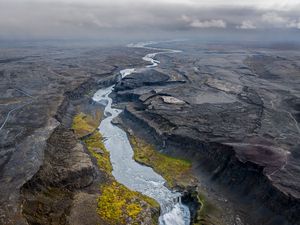 Preview wallpaper river, rocks, clouds, aerial view, landscape