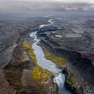 Preview wallpaper river, rocks, clouds, aerial view, landscape