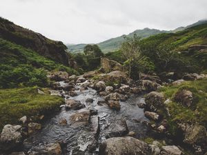 Preview wallpaper river, rocks, flow, mountains