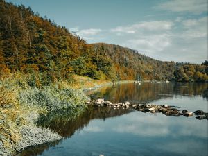 Preview wallpaper river, rocks, forest, nature, landscape