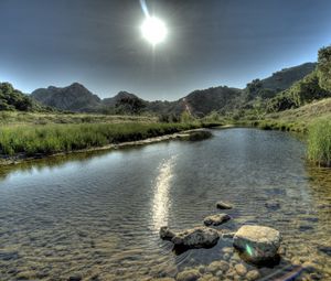 Preview wallpaper river, rocks, grass, mountains, sky