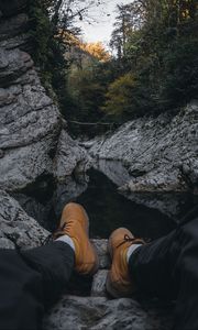 Preview wallpaper river, rocks, legs, overview, nature