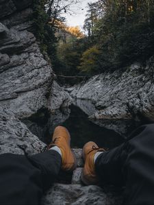 Preview wallpaper river, rocks, legs, overview, nature