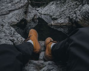 Preview wallpaper river, rocks, legs, overview, nature