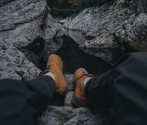 Preview wallpaper river, rocks, legs, overview, nature