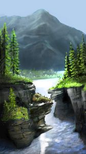 Preview wallpaper river, rocks, mountain, trees, landscape, art