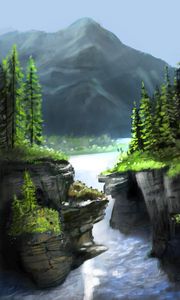 Preview wallpaper river, rocks, mountain, trees, landscape, art