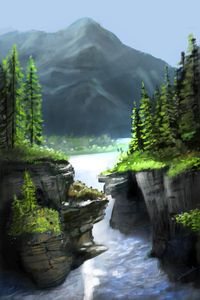 Preview wallpaper river, rocks, mountain, trees, landscape, art