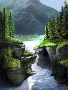 Preview wallpaper river, rocks, mountain, trees, landscape, art