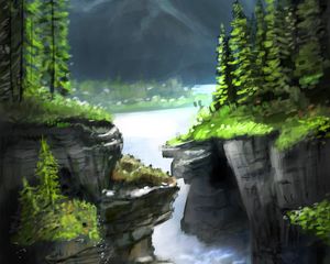 Preview wallpaper river, rocks, mountain, trees, landscape, art