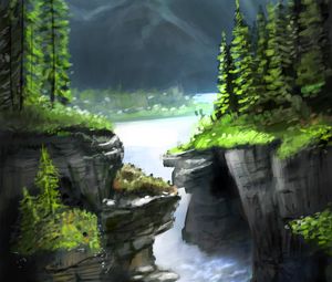 Preview wallpaper river, rocks, mountain, trees, landscape, art
