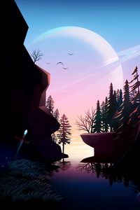 Preview wallpaper river, rocks, planet, forest, landscape, art