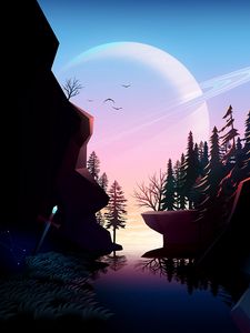 Preview wallpaper river, rocks, planet, forest, landscape, art