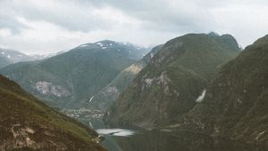 Preview wallpaper river, rocks, slope, mountains, peaks