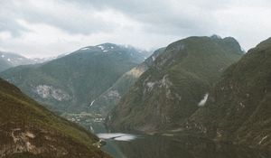 Preview wallpaper river, rocks, slope, mountains, peaks