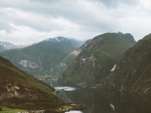 Preview wallpaper river, rocks, slope, mountains, peaks