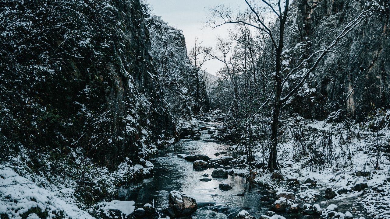 Wallpaper river, rocks, stones, snow, winter