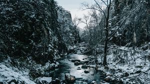 Preview wallpaper river, rocks, stones, snow, winter