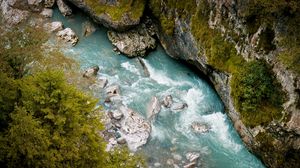 Preview wallpaper river, rocks, trees, aerial view