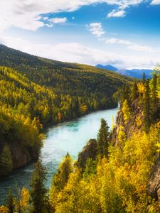 Preview wallpaper river, rocks, trees, forest, autumn, valley