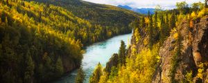 Preview wallpaper river, rocks, trees, forest, autumn, valley