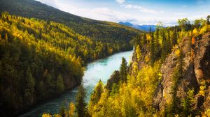 Preview wallpaper river, rocks, trees, forest, autumn, valley