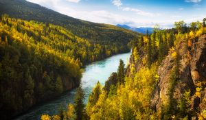 Preview wallpaper river, rocks, trees, forest, autumn, valley